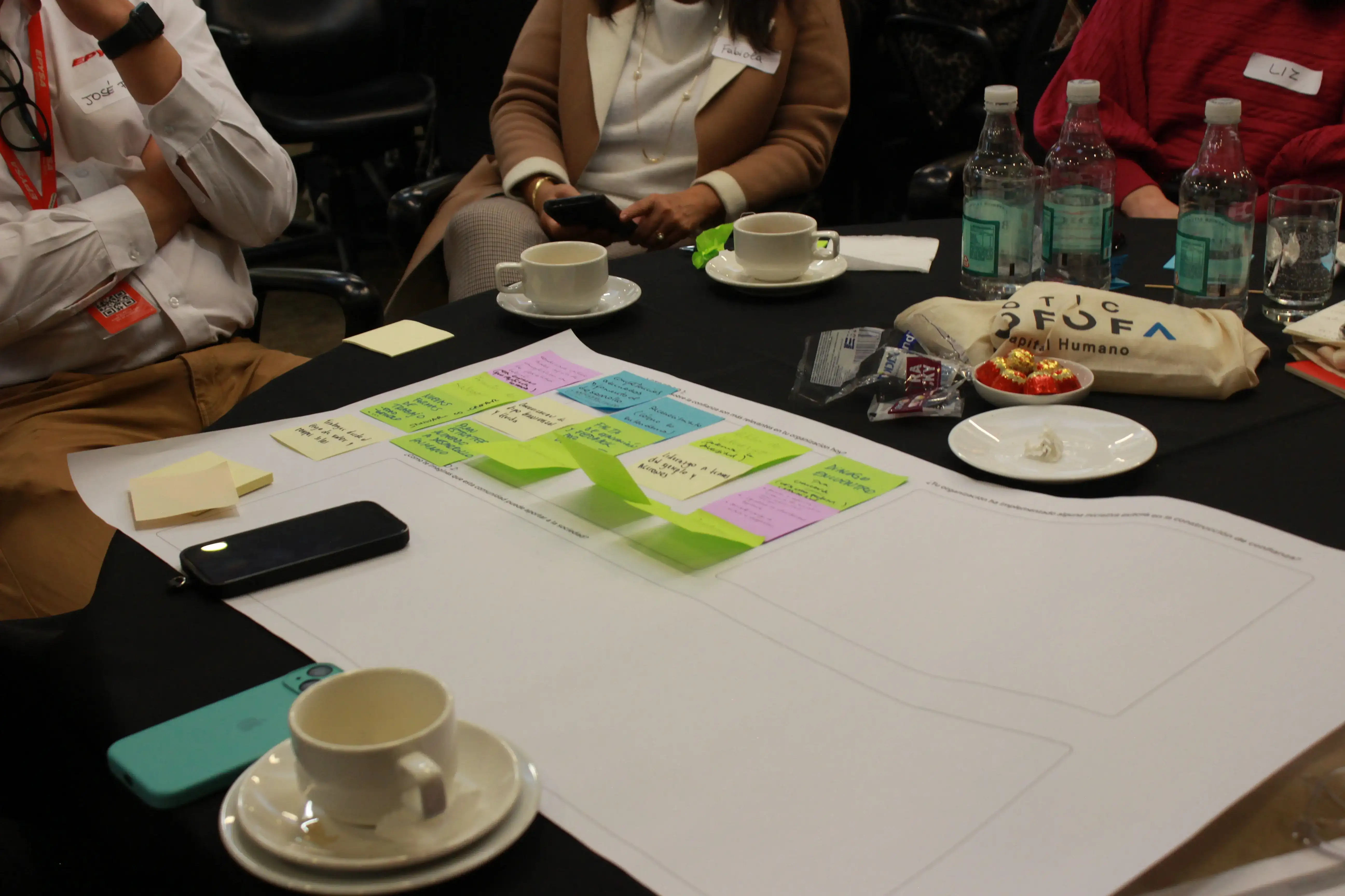 Pliego de trabajo con notas adhesivas de distintos colores utilizado por un grupo para registrar ideas durante el taller.
